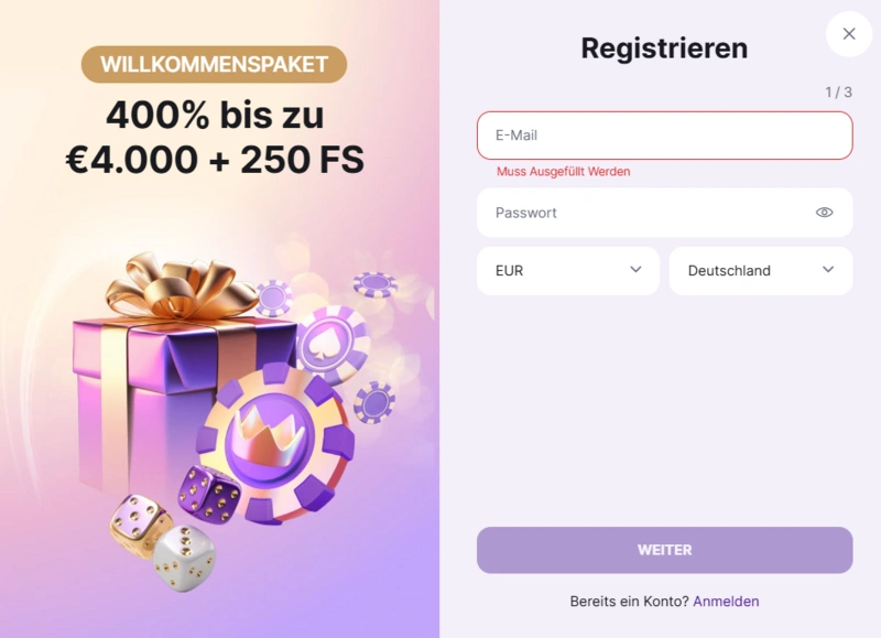 CrownSlots Casino Registrierung Schritt 1